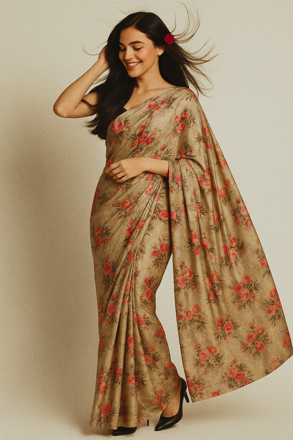 Vintage Art Of Roses With Leaves Digital Printed Fabric - Japan Satin