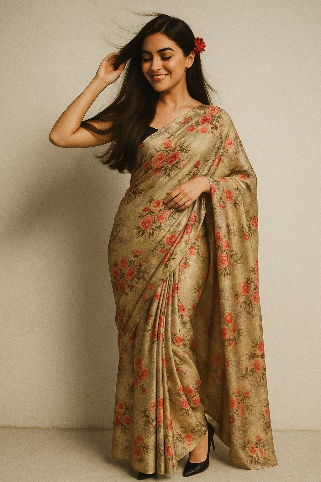 Vintage Art Of Roses With Leaves Digital Printed Fabric - Japan Satin