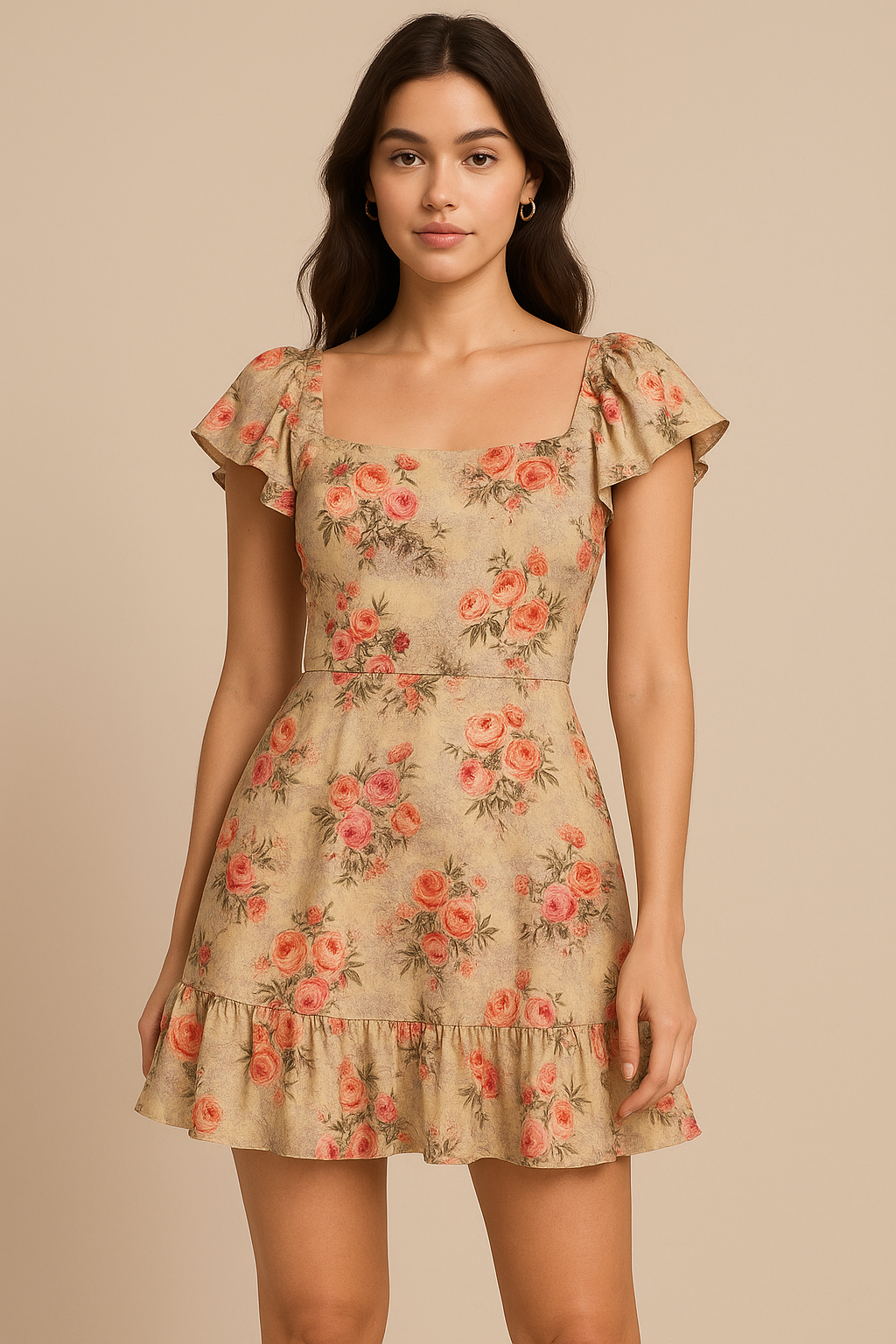 Vintage Art Of Roses With Leaves Digital Printed Fabric - Japan Satin