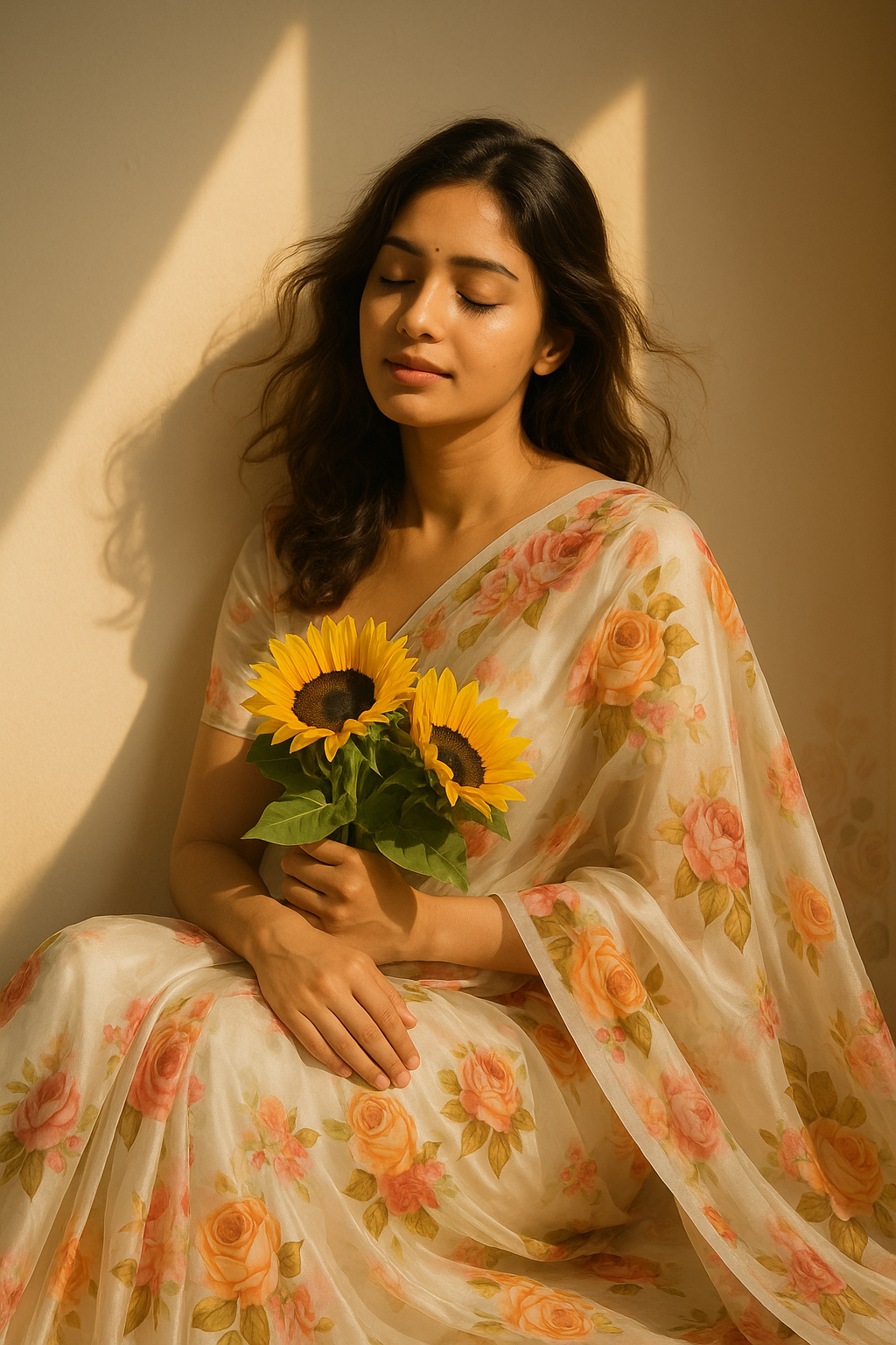 Beautiful Floral Golden Roses With Shiny Digital Printed Fabric - Japan Satin