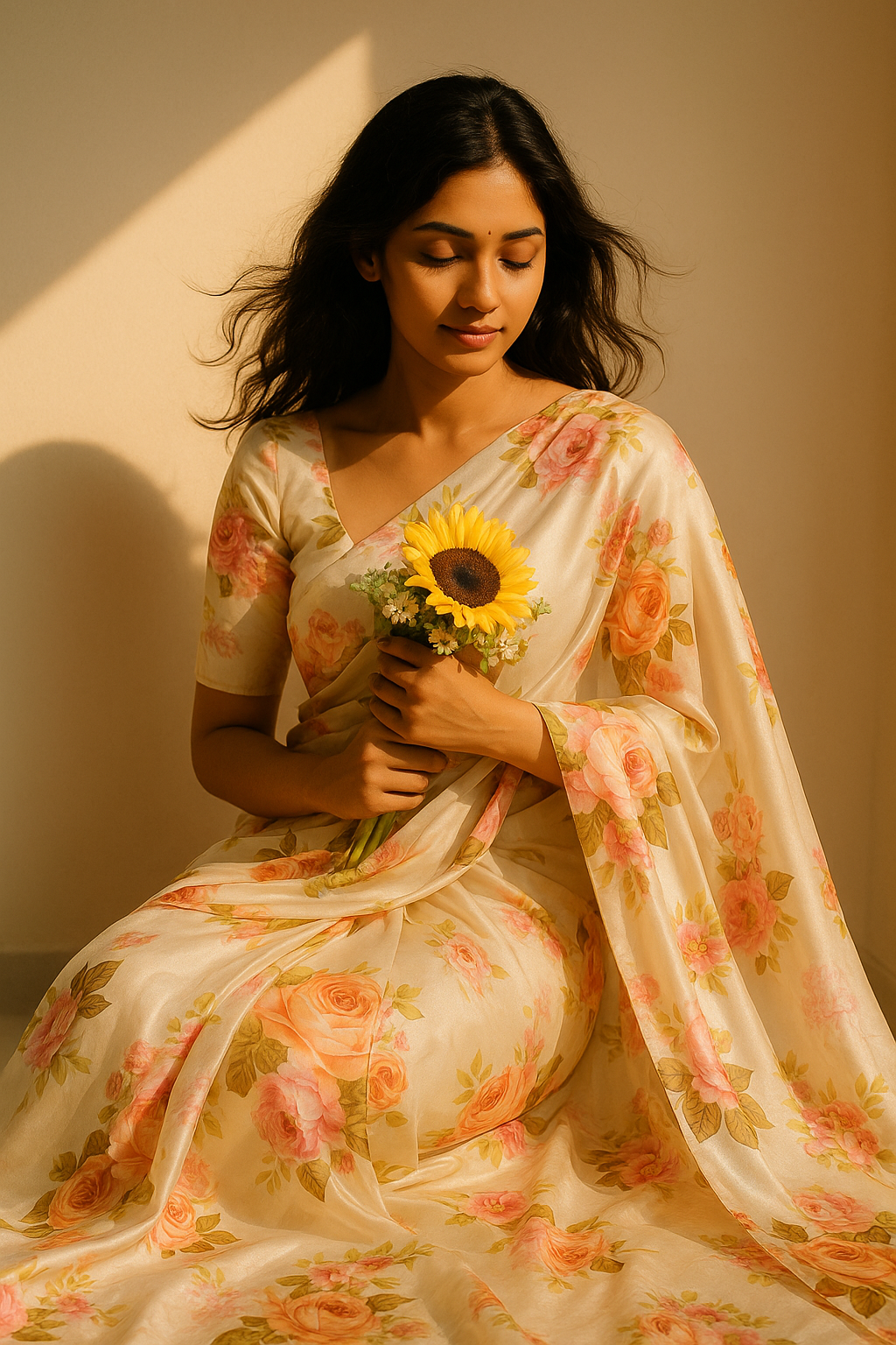 Beautiful Floral Golden Roses With Shiny Digital Printed Fabric - Japan Satin