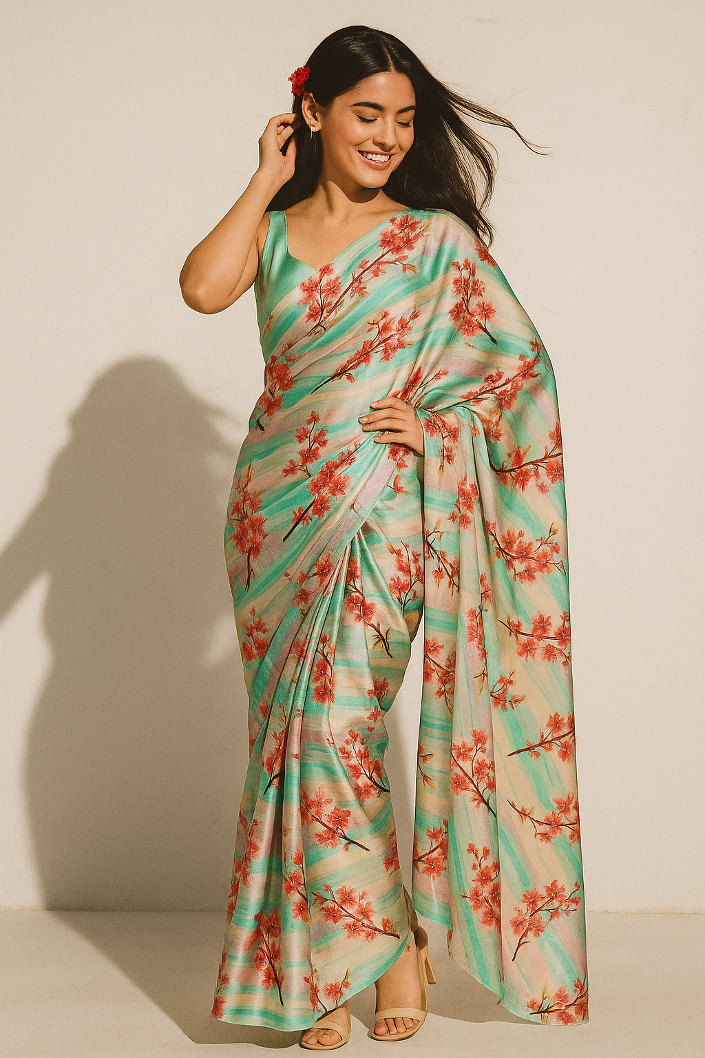 Red Spring With Decorative Background Digital Printed Fabric - Japan Satin