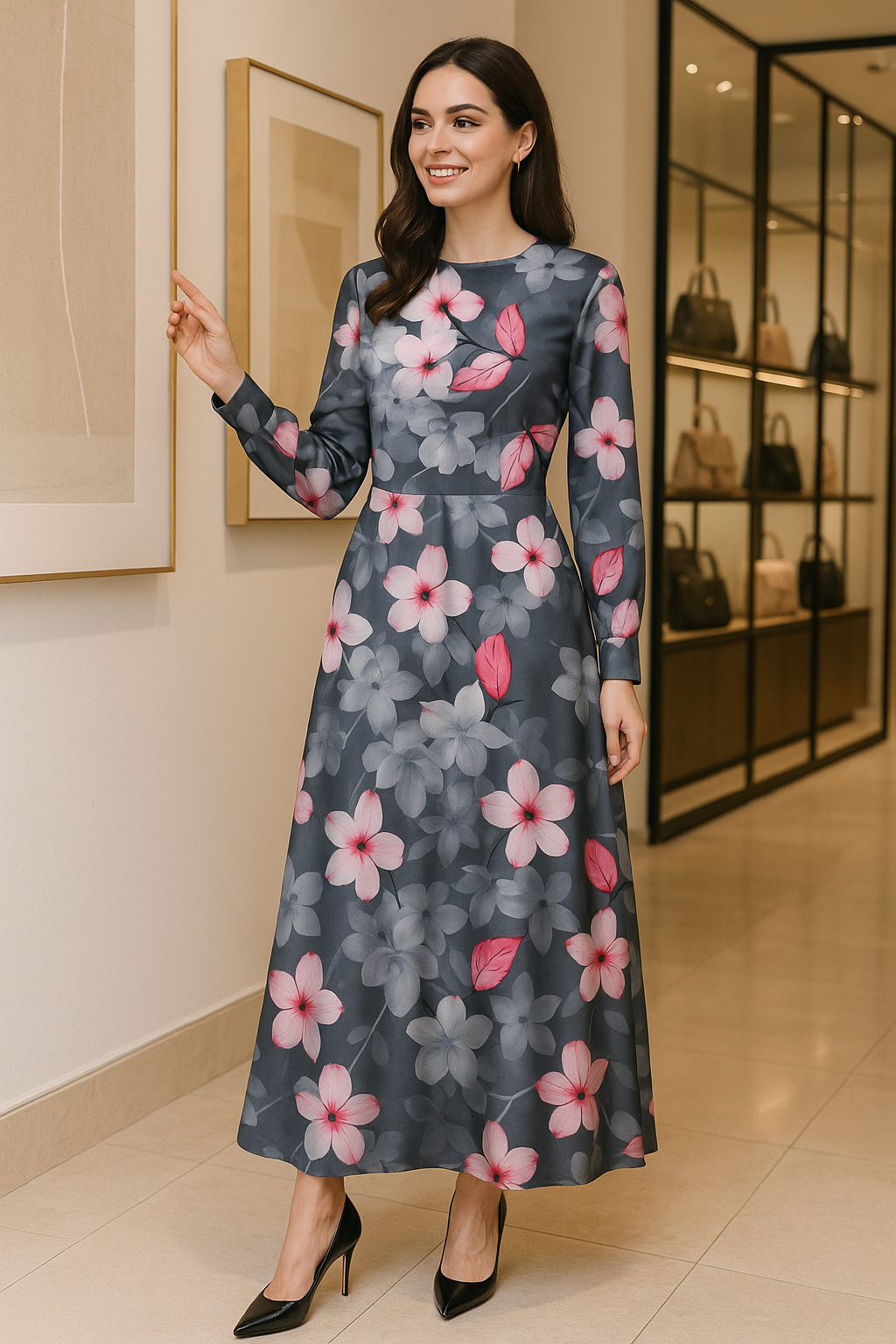 Pink Orchid Flower With Grey Background Digital Printed Fabric - Japan Satin