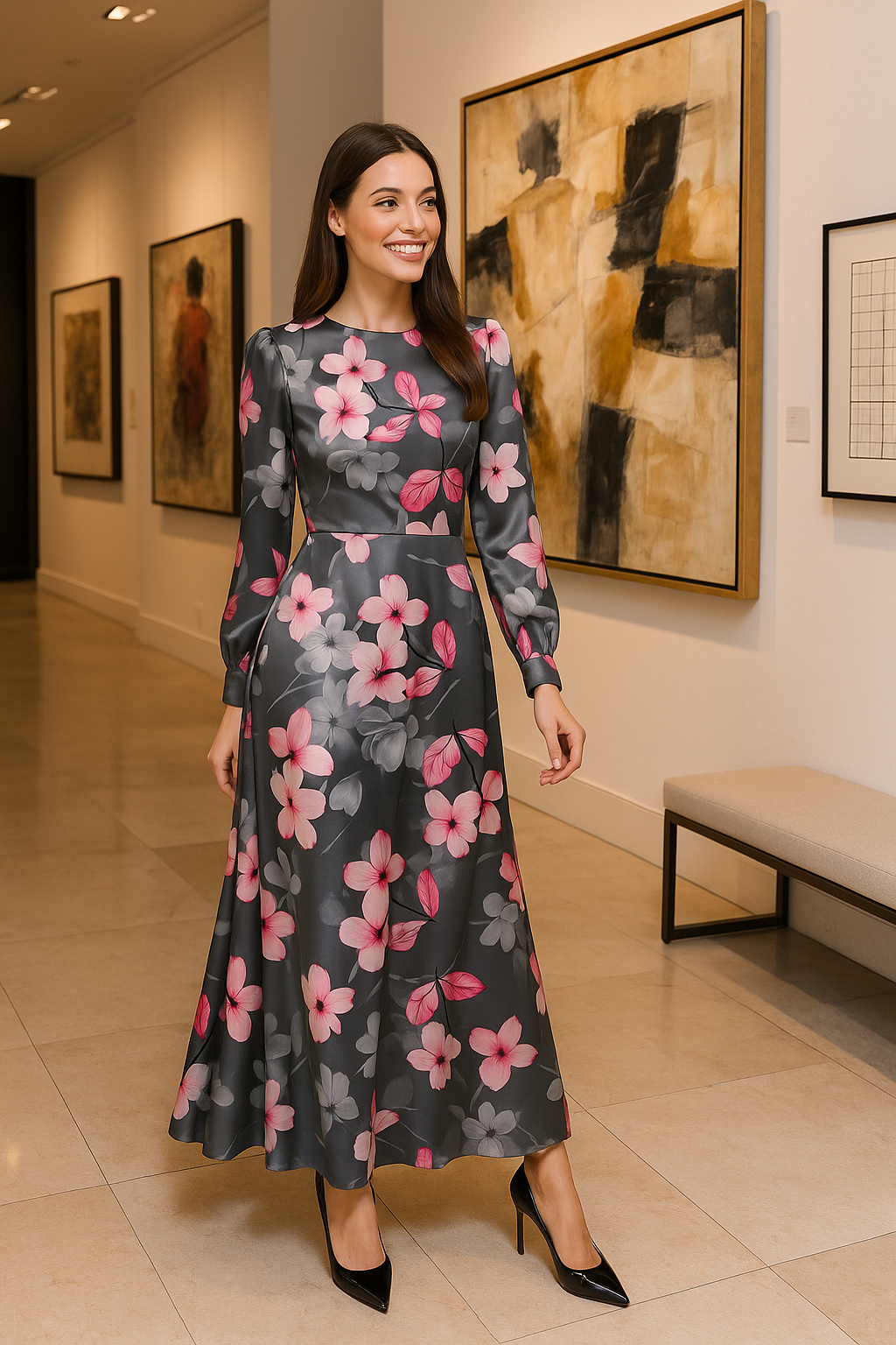 Pink Orchid Flower With Grey Background Digital Printed Fabric - Japan Satin