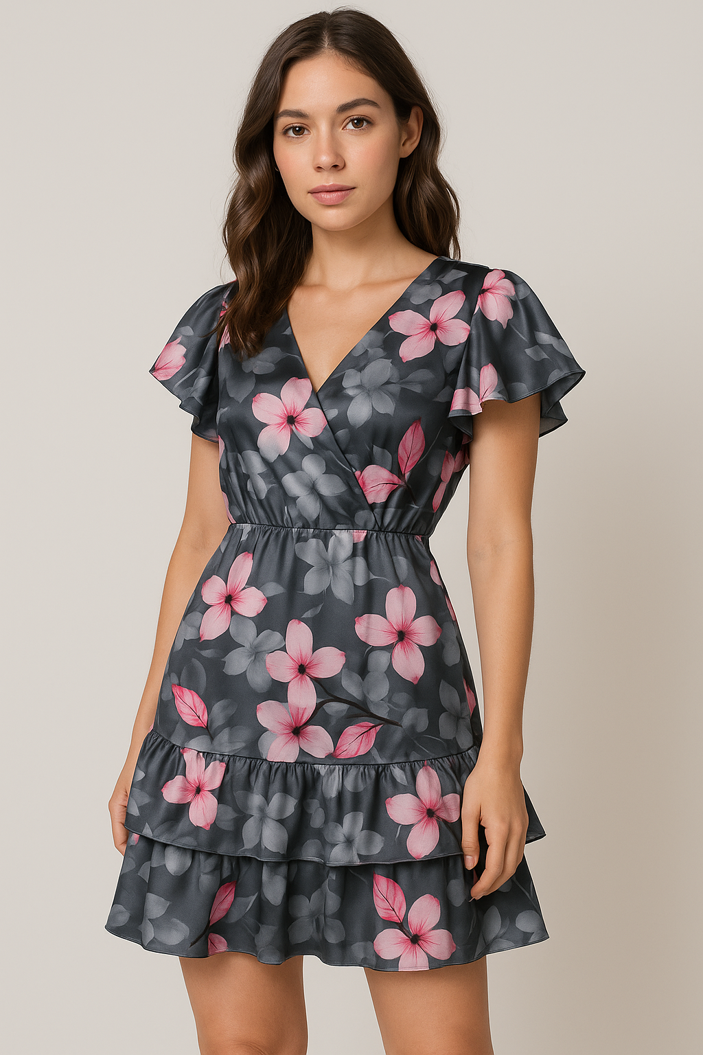 Pink Orchid Flower With Grey Background Digital Printed Fabric - Japan Satin