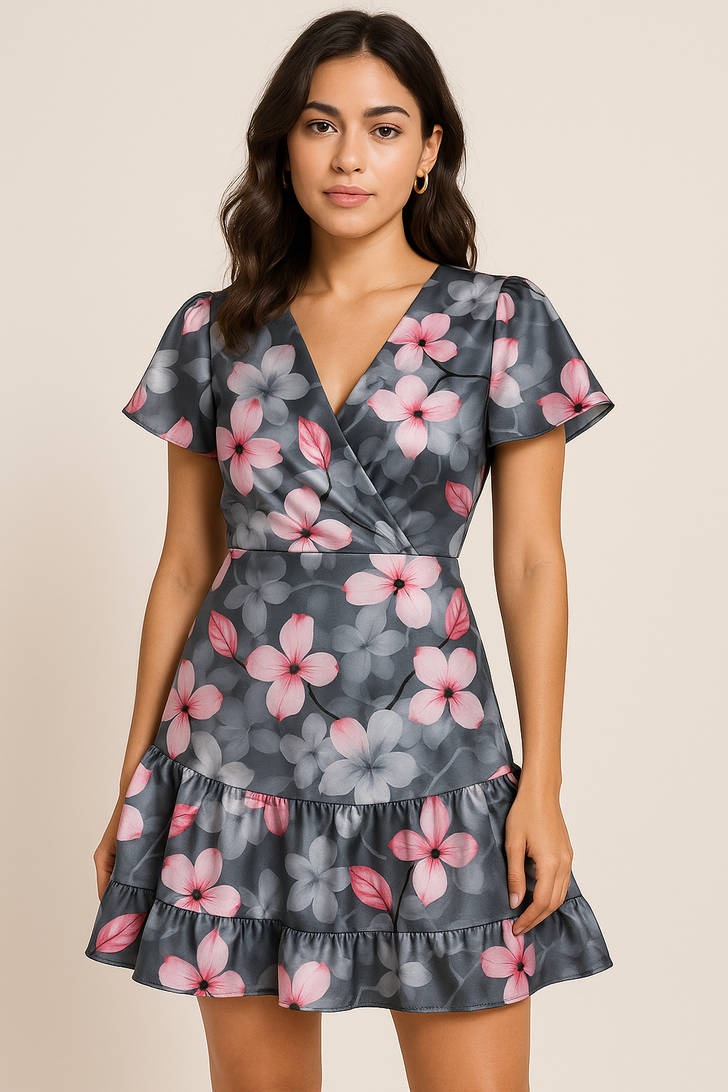 Pink Orchid Flower With Grey Background Digital Printed Fabric - Japan Satin