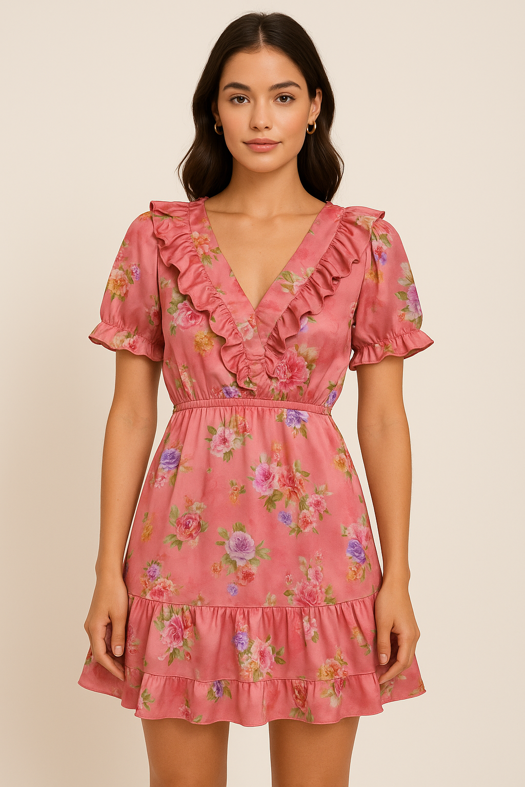 Dusky Pink With Zinnia Flower Digital Printed Fabric - Japan Satin