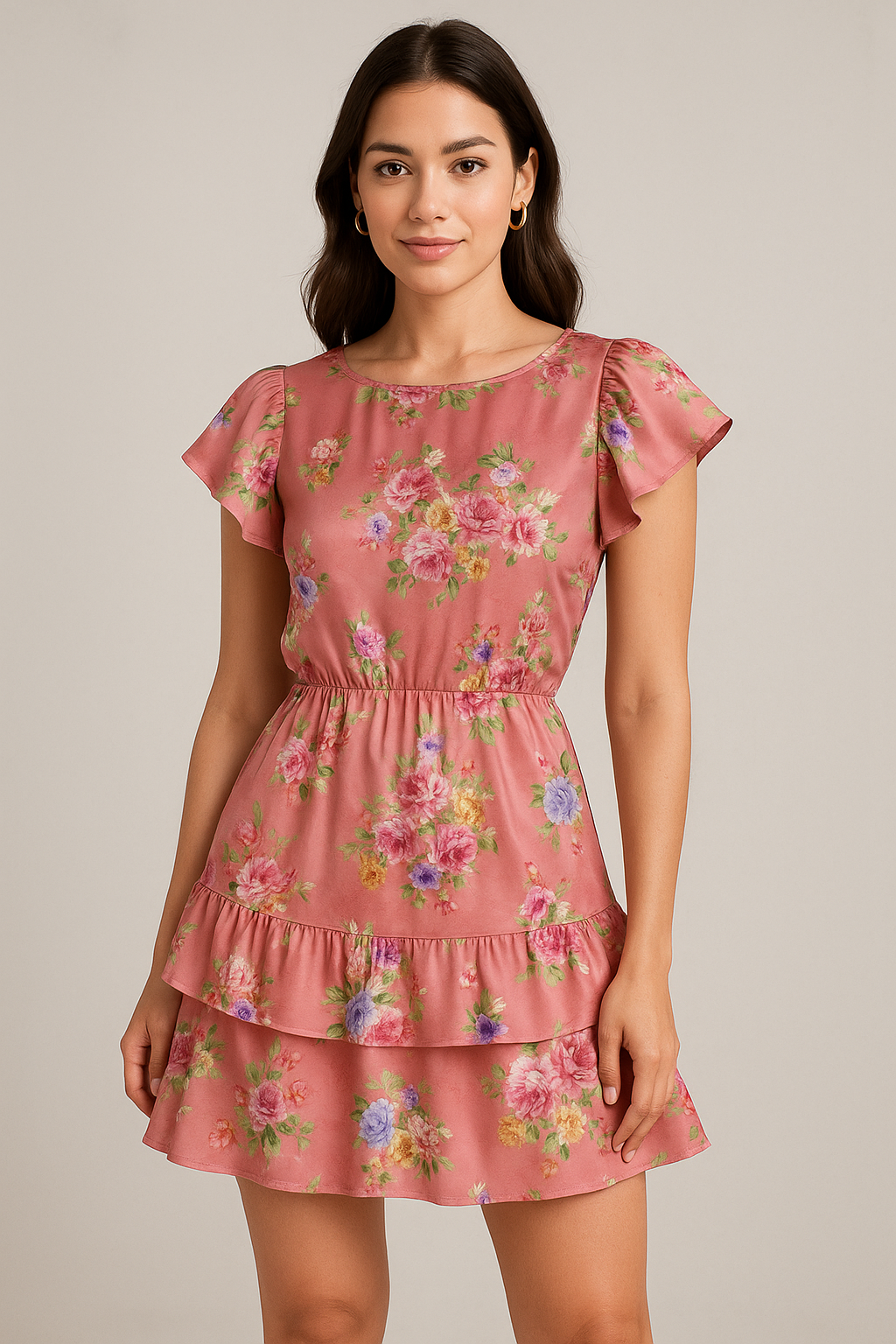 Dusky Pink With Zinnia Flower Digital Printed Fabric - Japan Satin