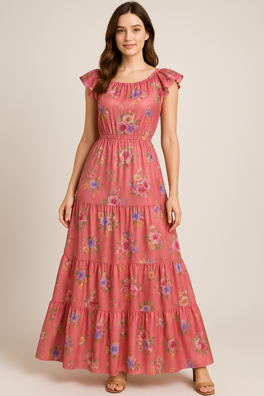 Dusky Pink With Zinnia Flower Digital Printed Fabric - Japan Satin