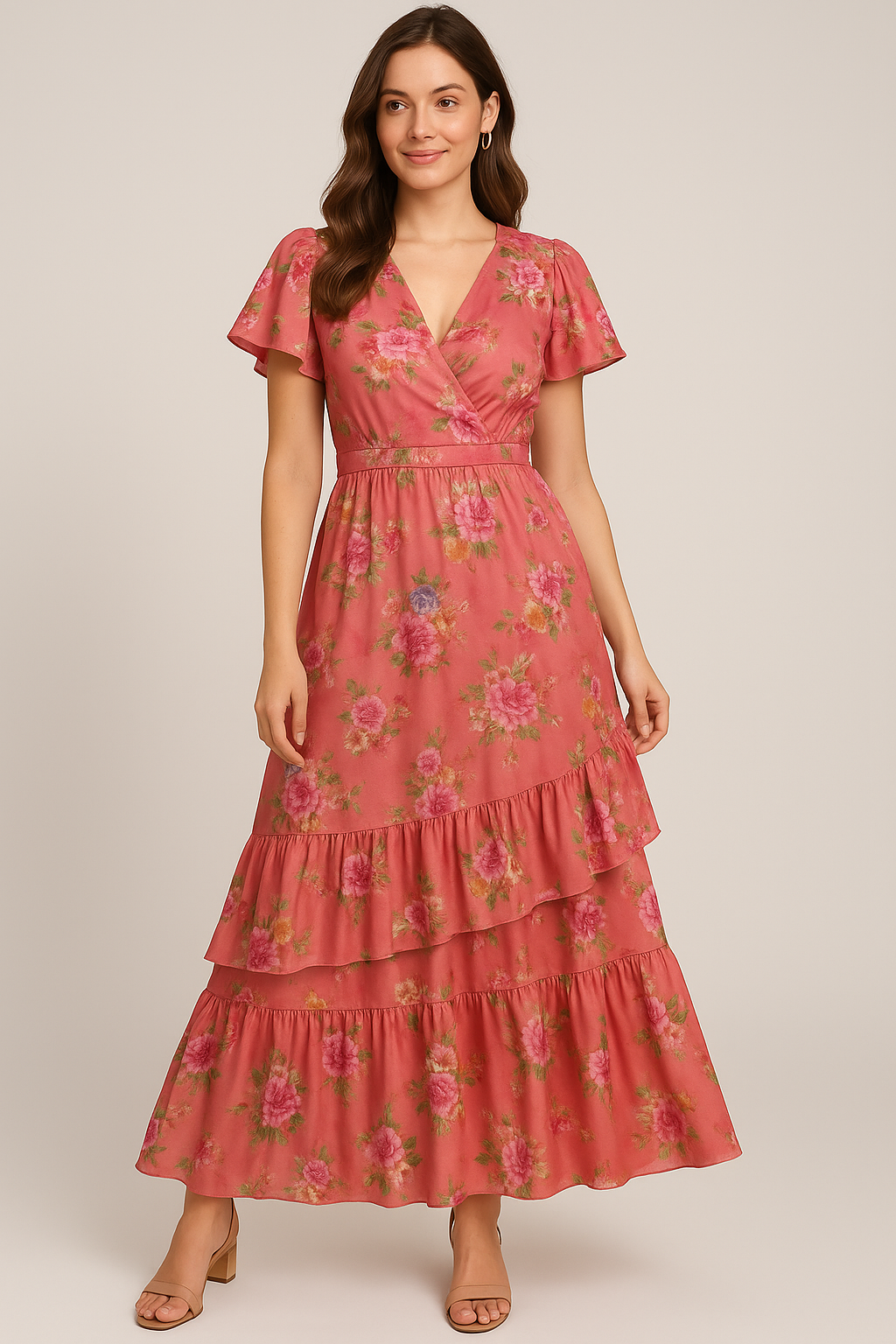 Dusky Pink With Zinnia Flower Digital Printed Fabric - Japan Satin