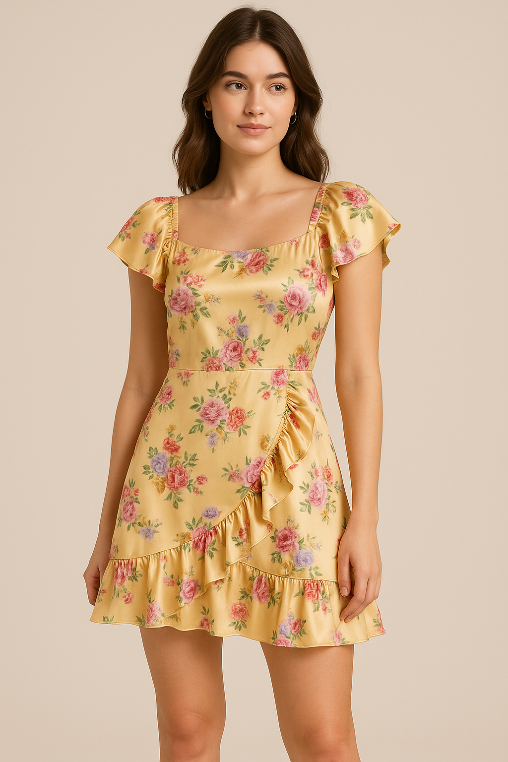 Apricot Light Watercolour Flower Digital Printed Fabric - Japan Satin