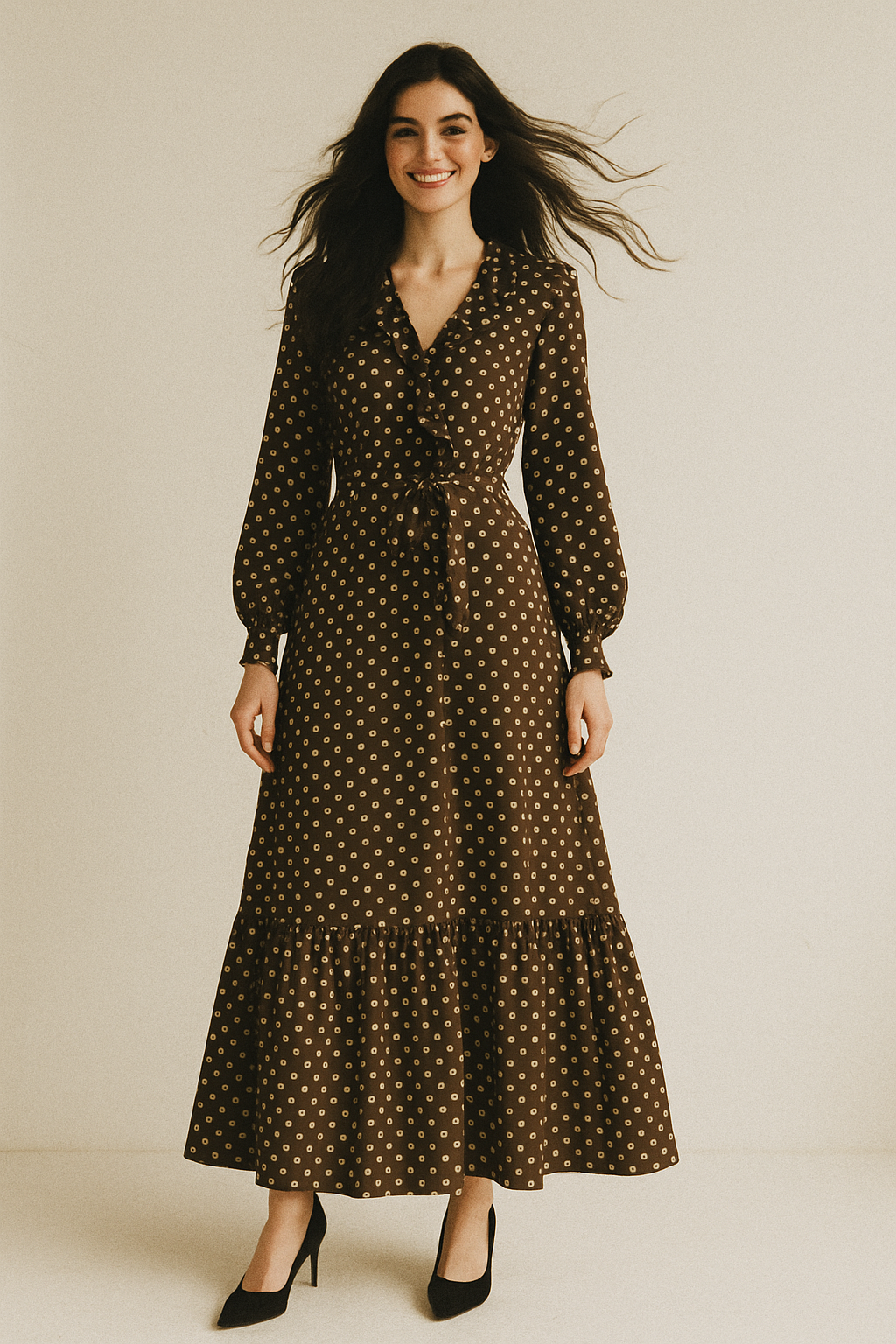 Brown Polka Dot Digital Printed Fabric - Japan Satin