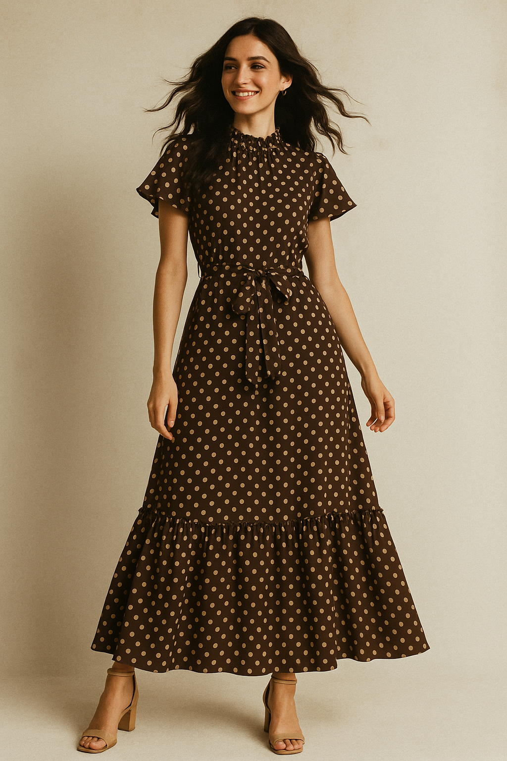 Brown Polka Dot Digital Printed Fabric - Japan Satin