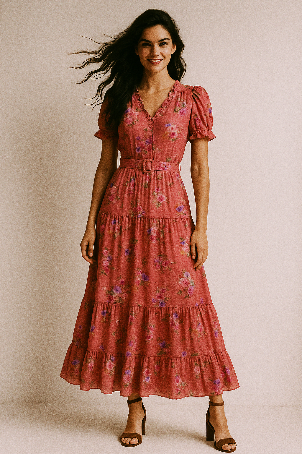 Dusky Pink With Zinnia Flower Digital Printed Fabric - Poly Muslin