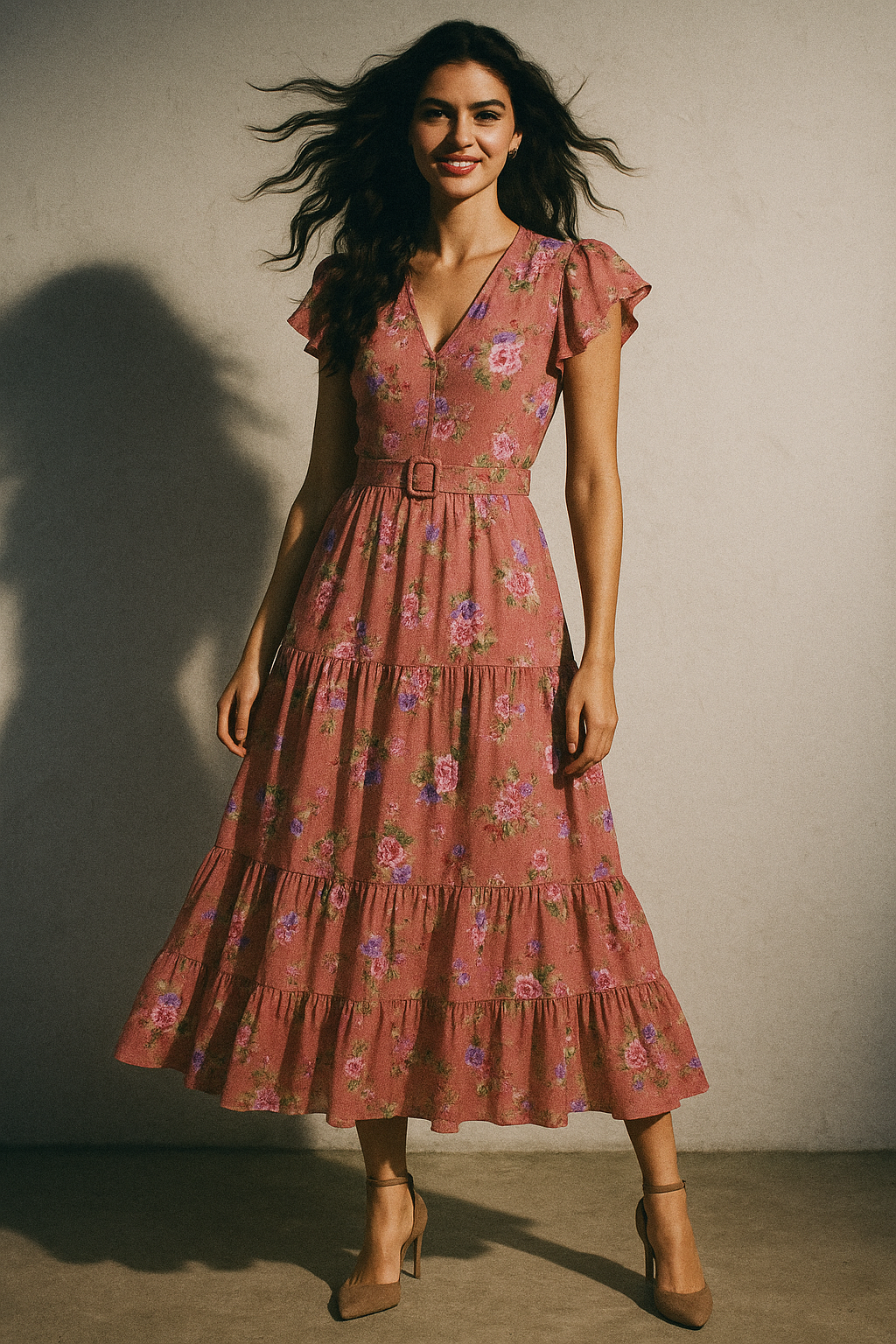 Dusky Pink With Zinnia Flower Digital Printed Fabric - Poly Muslin