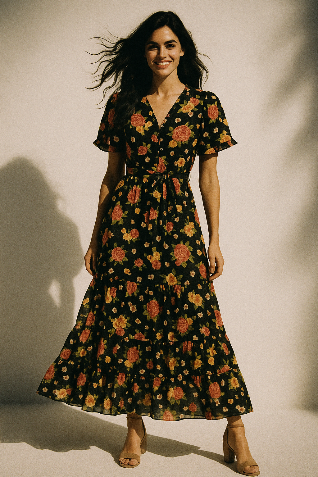 Multicolour Anemone Roses With Digital Printed Fabric - Poly Muslin