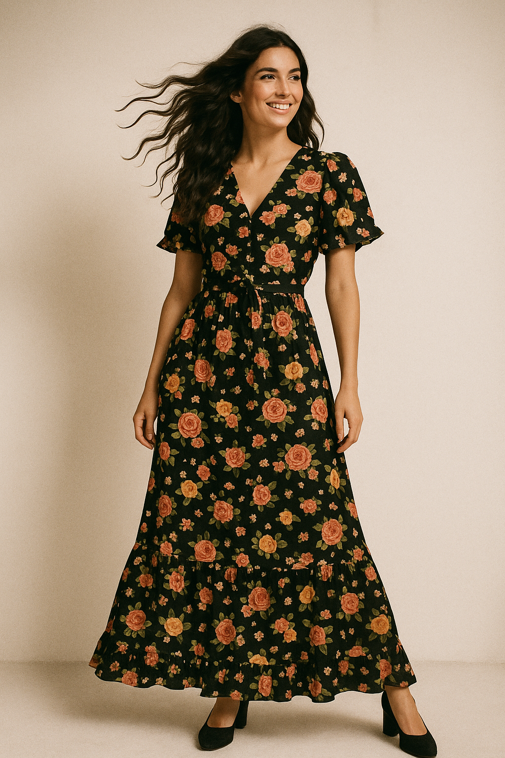 Multicolour Anemone Roses With Digital Printed Fabric - Poly Muslin