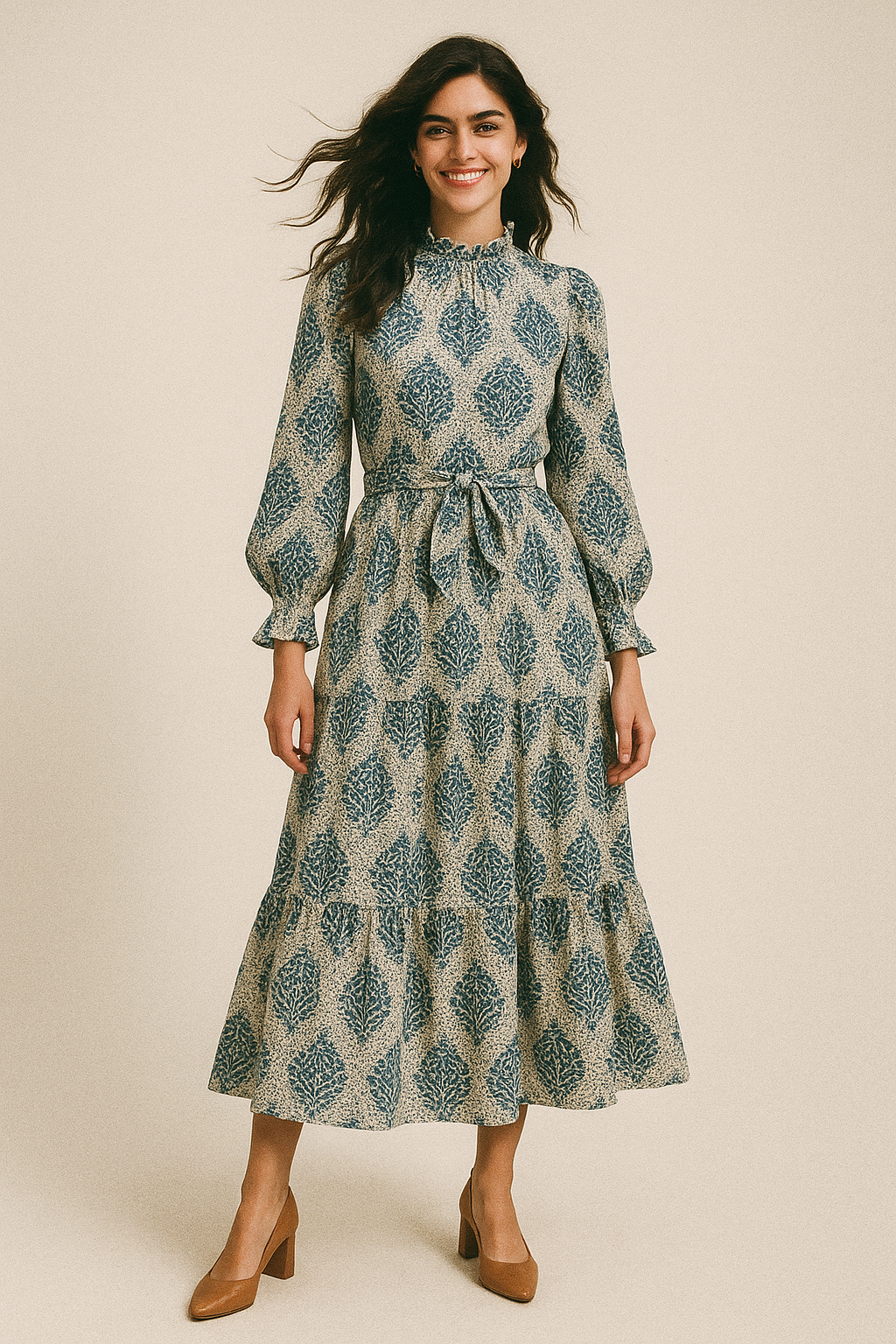 Aspen Blue Leaves Creamy Stone Digital Printed Fabric - Poly Muslin