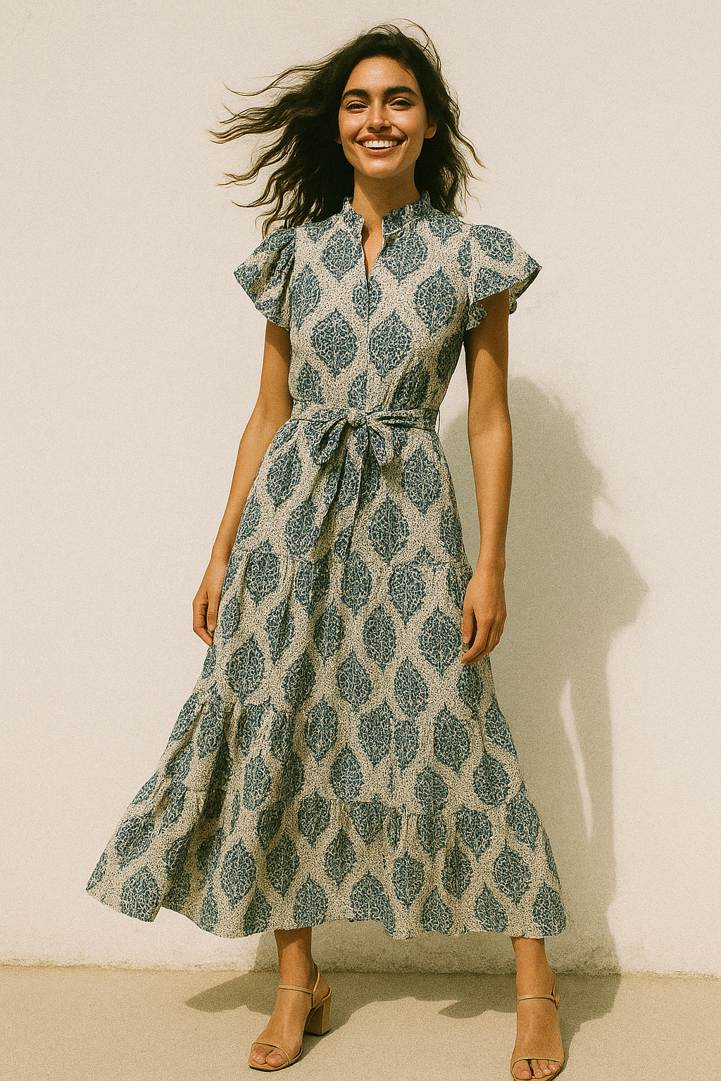 Aspen Blue Leaves Creamy Stone Digital Printed Fabric - Poly Muslin