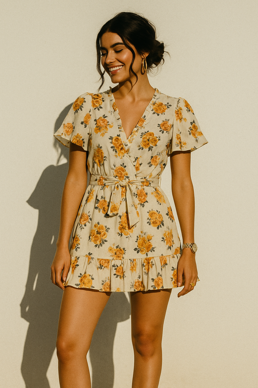 Yellow Lonicera Grey Leafs Digital Printed Fabric - Muslin