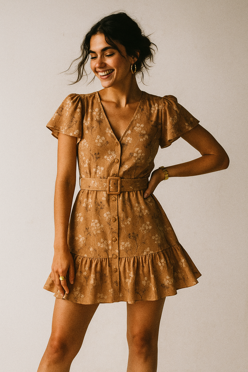 Brown Brush Painted Flower Digital Printed Fabric