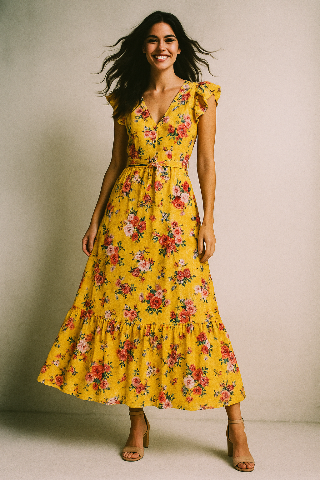 Beautiful Yellow Base Floral Bunch Digital Printed Fabric