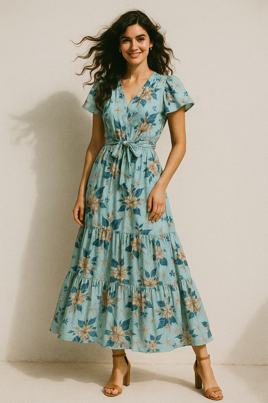 Flower On Ocean Blue Digital Printed Fabric - Muslin