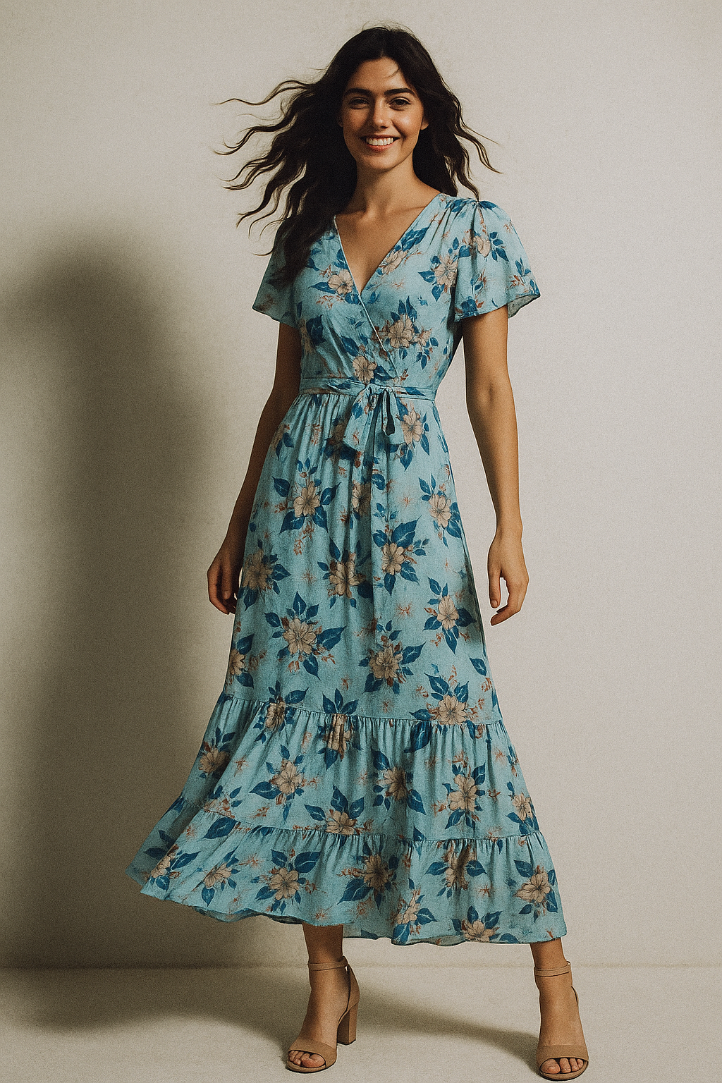 Flower On Ocean Blue Digital Printed Fabric - Muslin