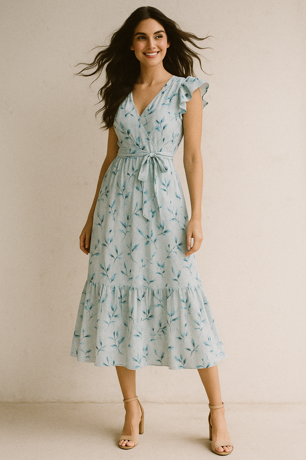 Bluish Thin And Light Leaves Digital Printed Fabric - Muslin