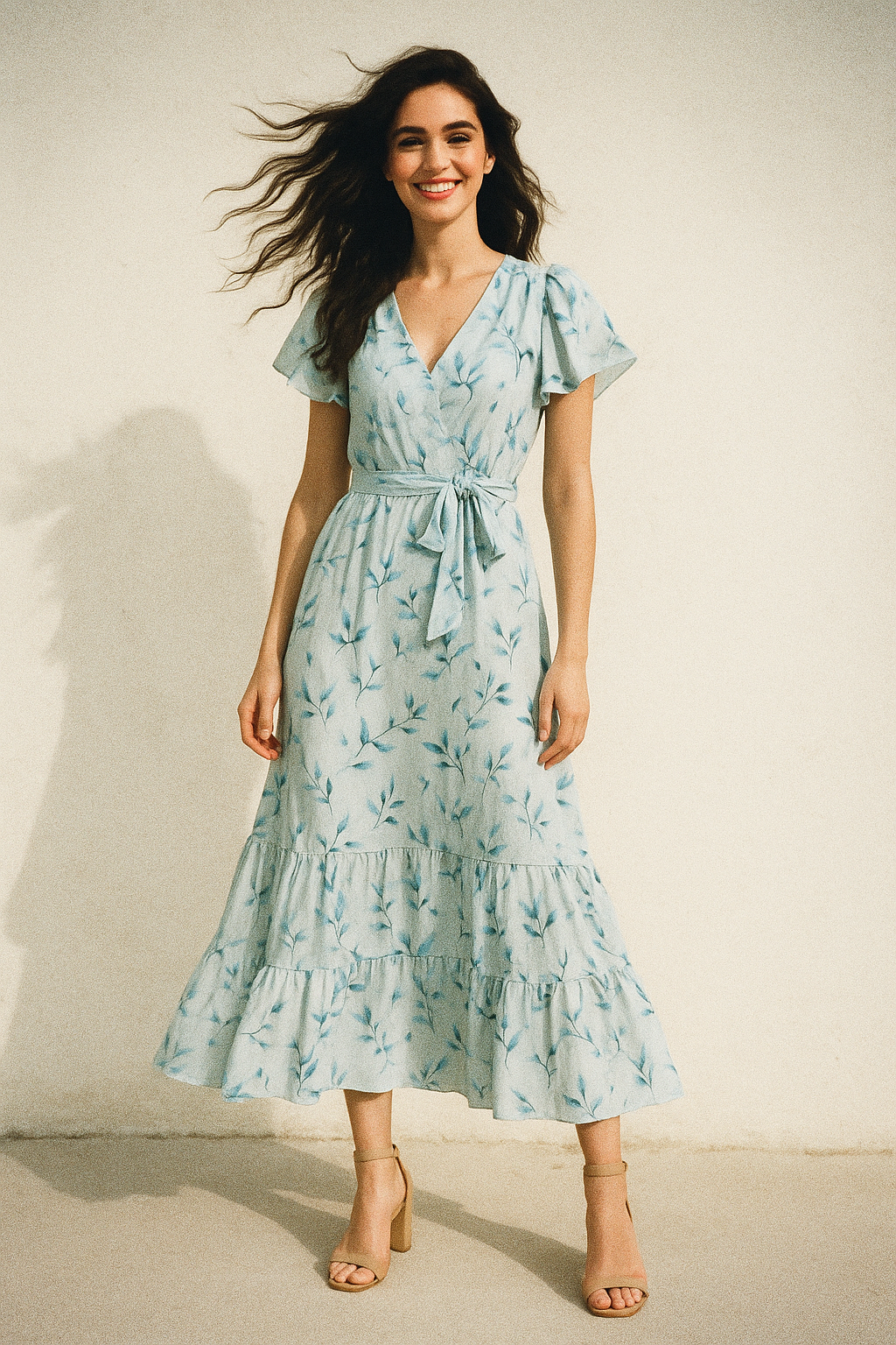 Bluish Thin And Light Leaves Digital Printed Fabric - Muslin