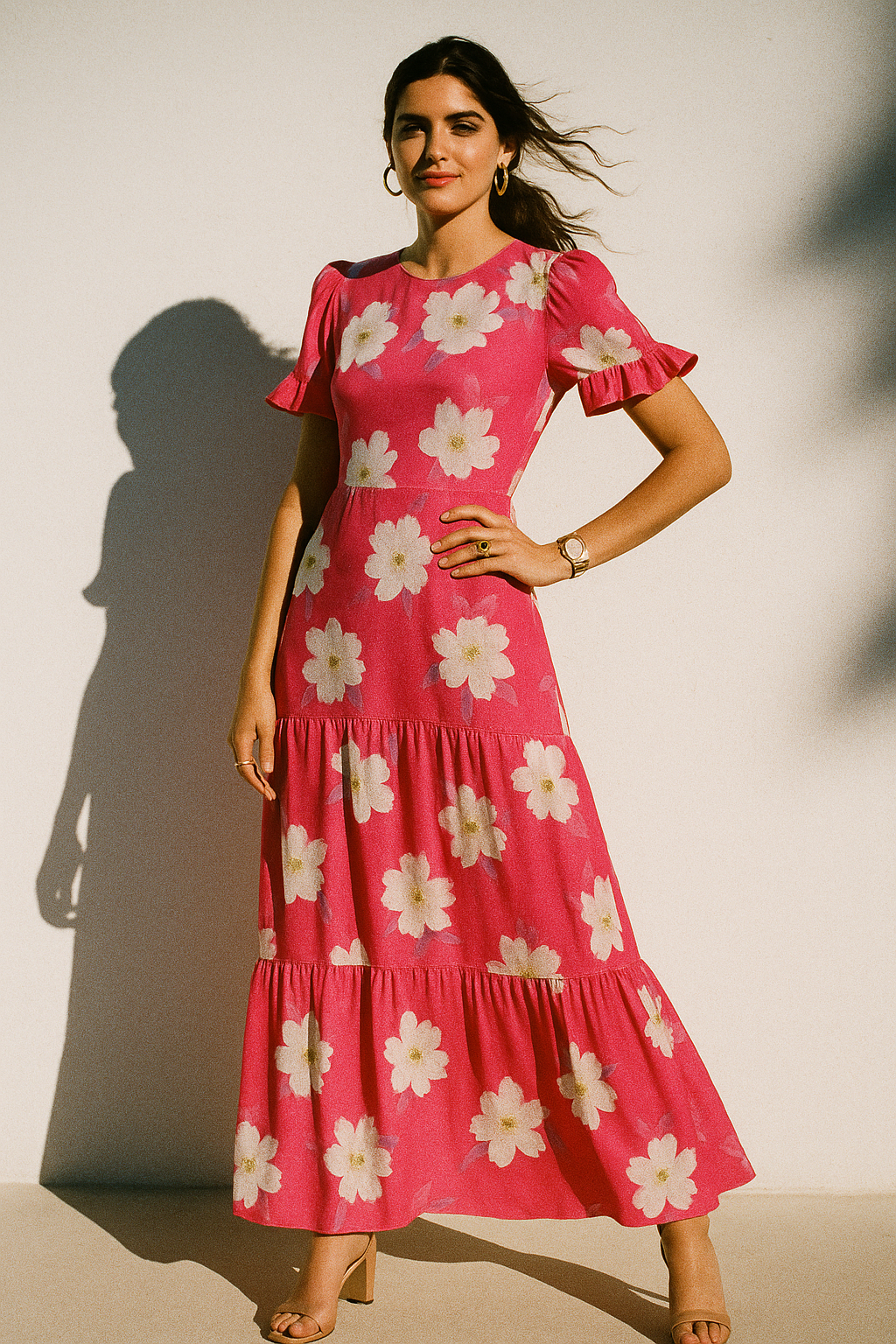 Attractive White Daffodil Flower Digital Printed Fabric - Silk Crepe