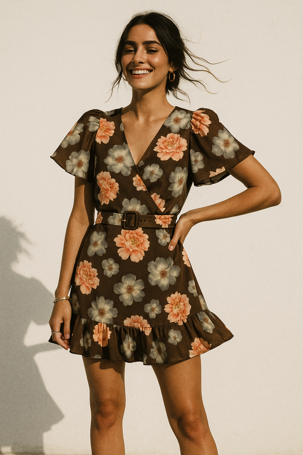 Blooming Orange Roses With Grey Digital Printed Fabric - Silk Crepe