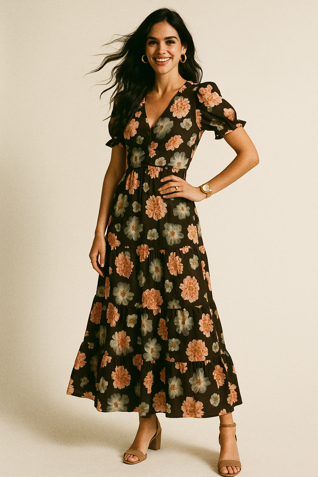 Blooming Orange Roses With Grey Digital Printed Fabric - Silk Crepe