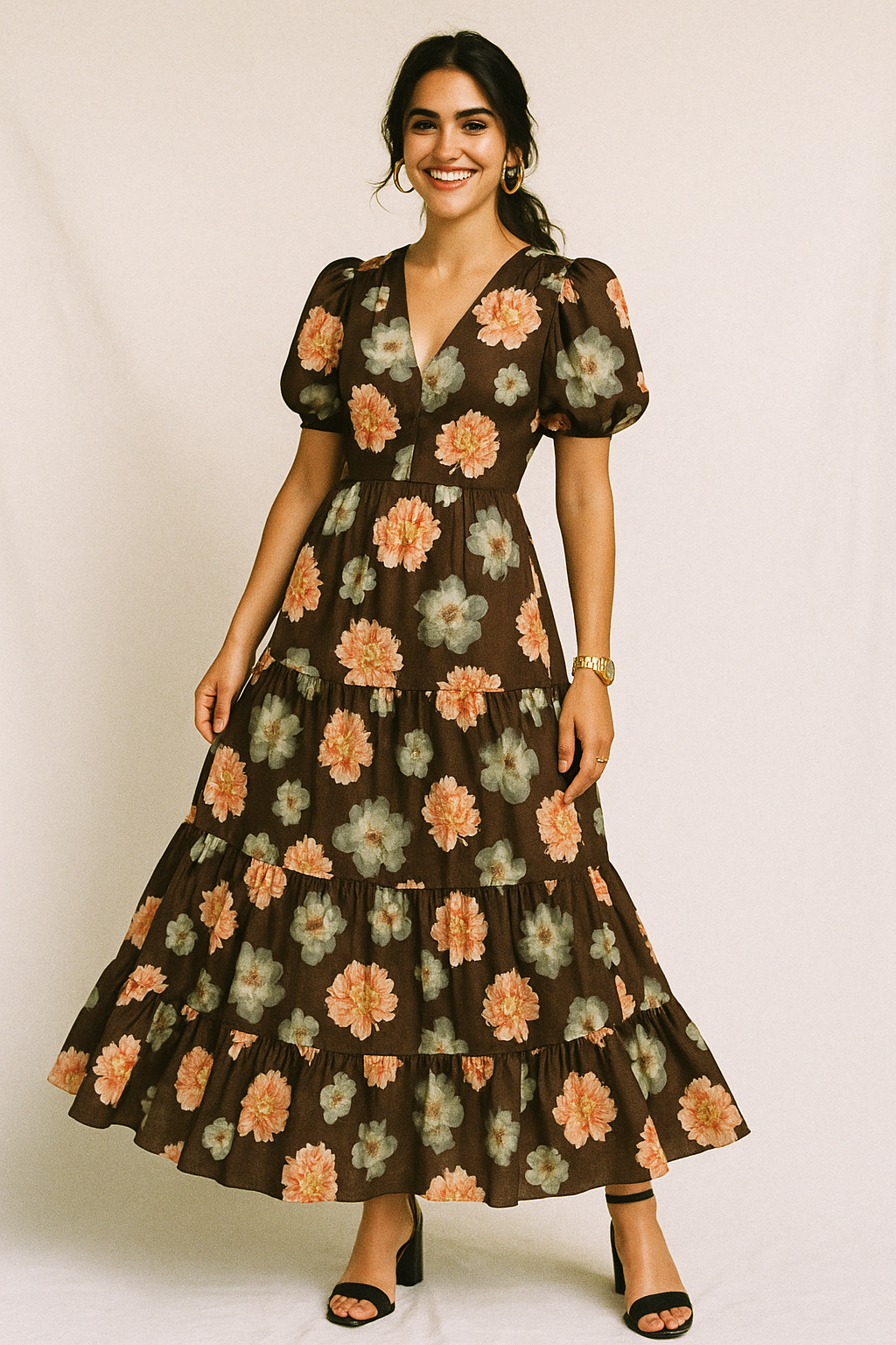 Blooming Orange Roses With Grey Digital Printed Fabric - Silk Crepe