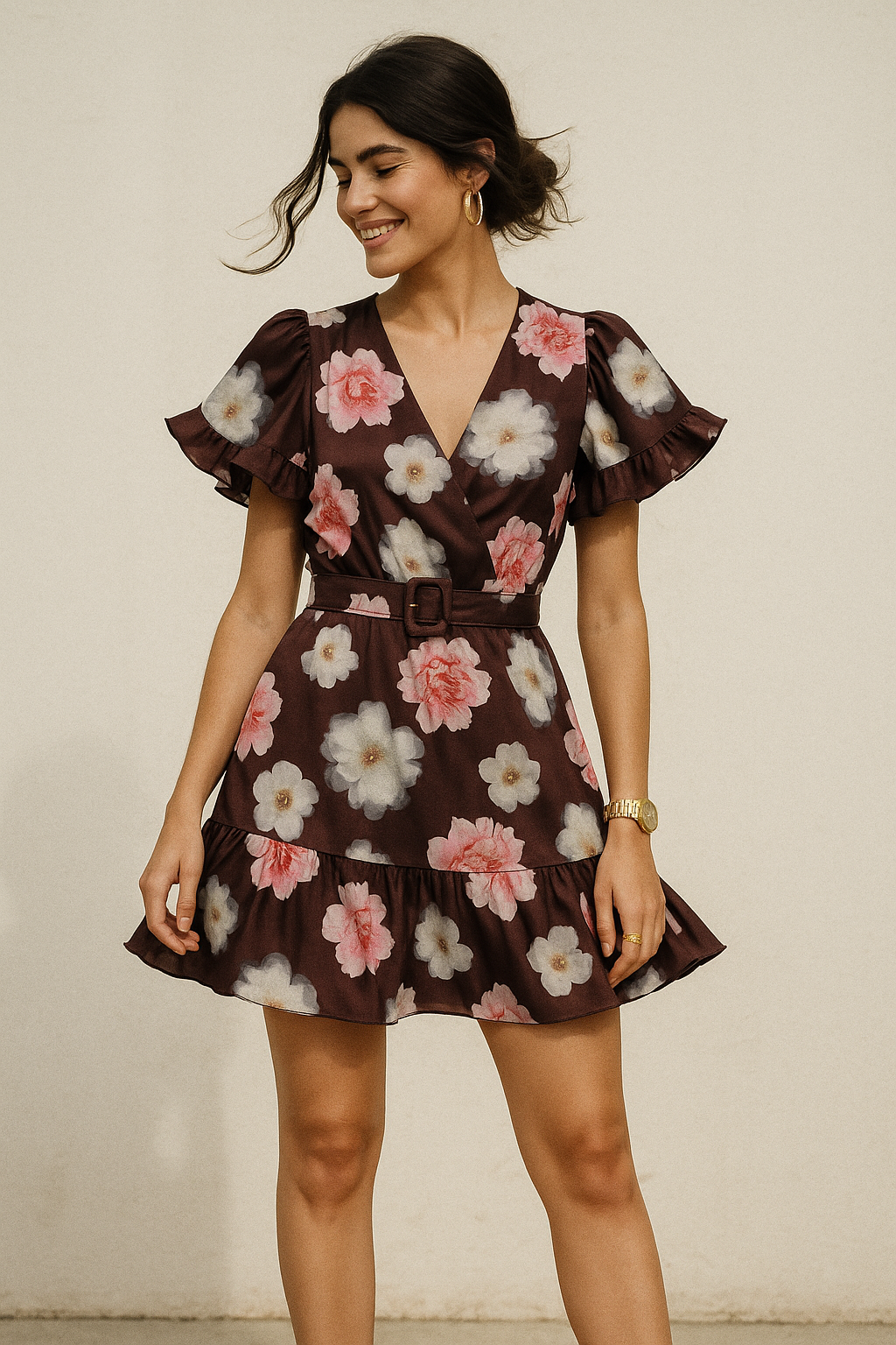 Attractive Pink Roses With Grey Digital Printed Fabric - Silk Crepe