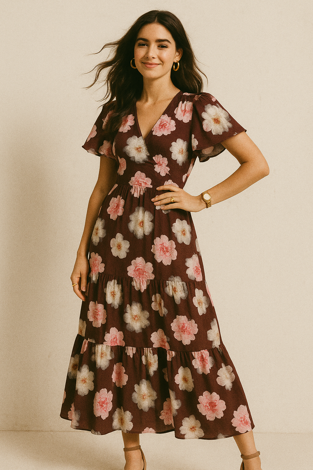 Attractive Pink Roses With Grey Digital Printed Fabric - Silk Crepe