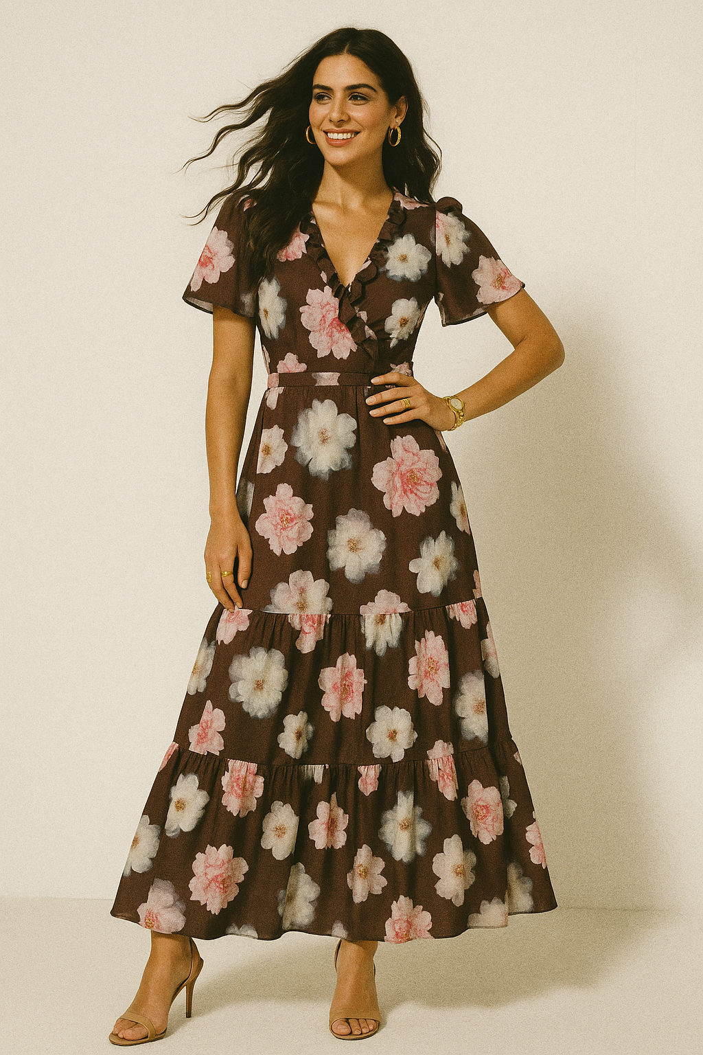 Attractive Pink Roses With Grey Digital Printed Fabric - Silk Crepe