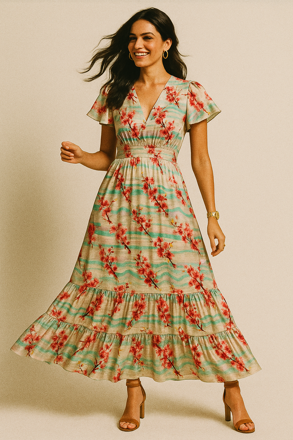 Red Spring With Decorative Background Digital Printed Fabric - Silk Crepe