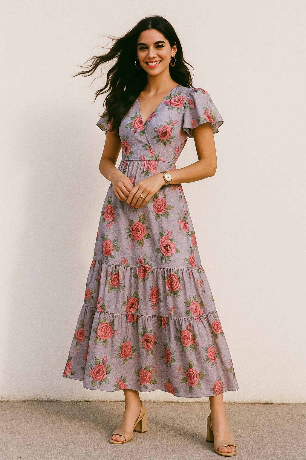 Pink Buttercup Flower Bunch Digital Printed Fabric - Crepe