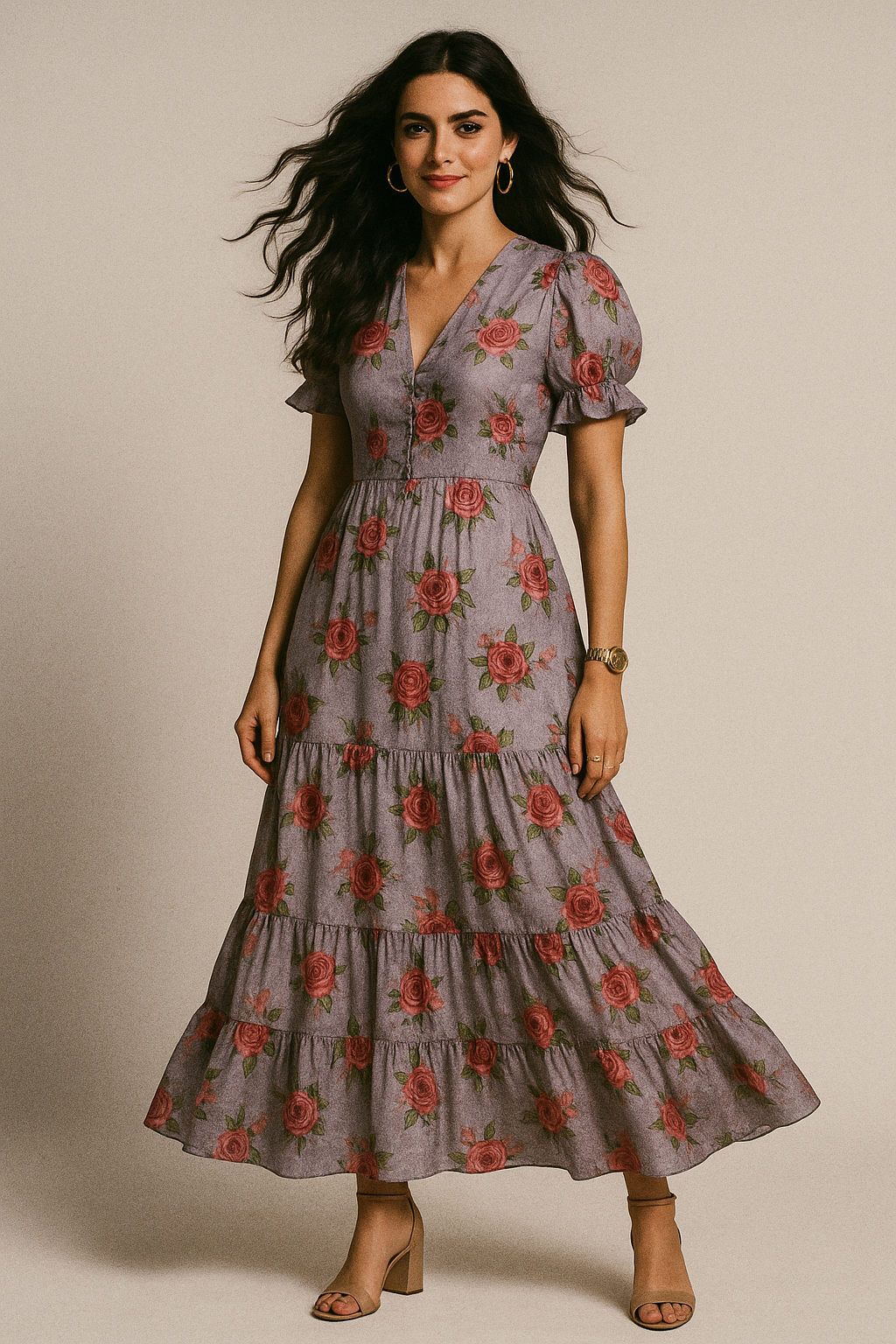 Pink Buttercup Flower Bunch Digital Printed Fabric - Crepe