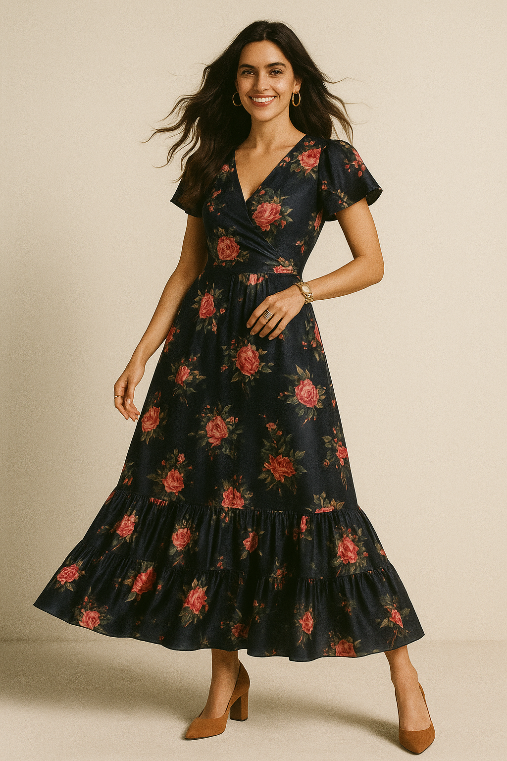 Dominant Yellow And Red Rose Digital Printed Fabric - Crepe