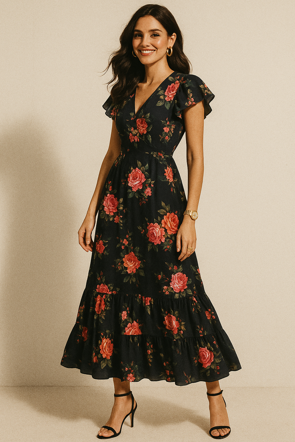 Dominant Yellow And Red Rose Digital Printed Fabric - Crepe