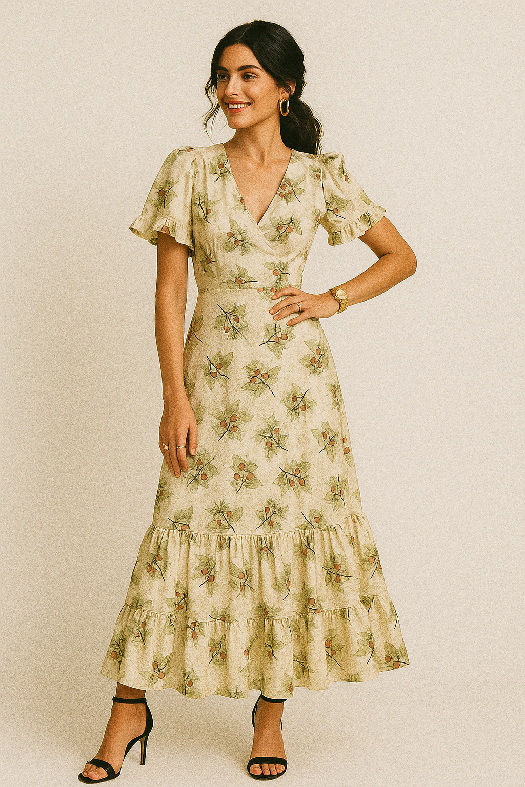 Colico Bunch Green With Orange Seads Digital Printed Fabric - Crepe