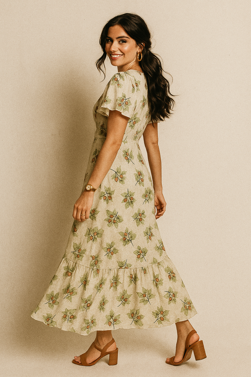 Colico Bunch Green With Orange Seads Digital Printed Fabric - Crepe