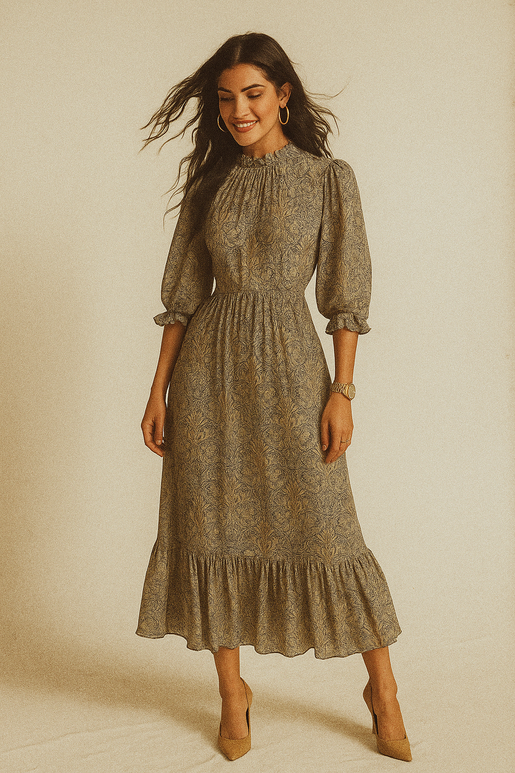 Damask Patterns On Yukon Gold Digital Printed Fabric - Crepe