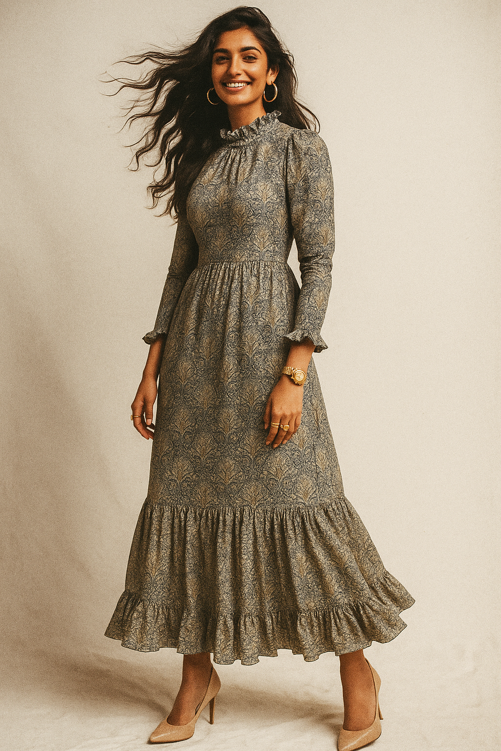 Damask Patterns On Yukon Gold Digital Printed Fabric - Crepe