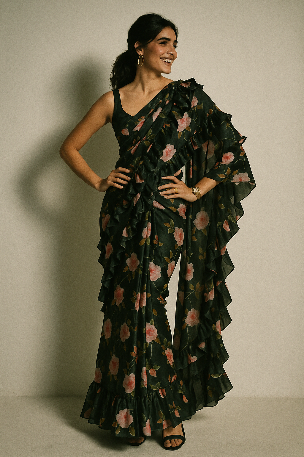 Ditsy Pink Rose With Green Leaves Digital Printed Fabric - Crepe