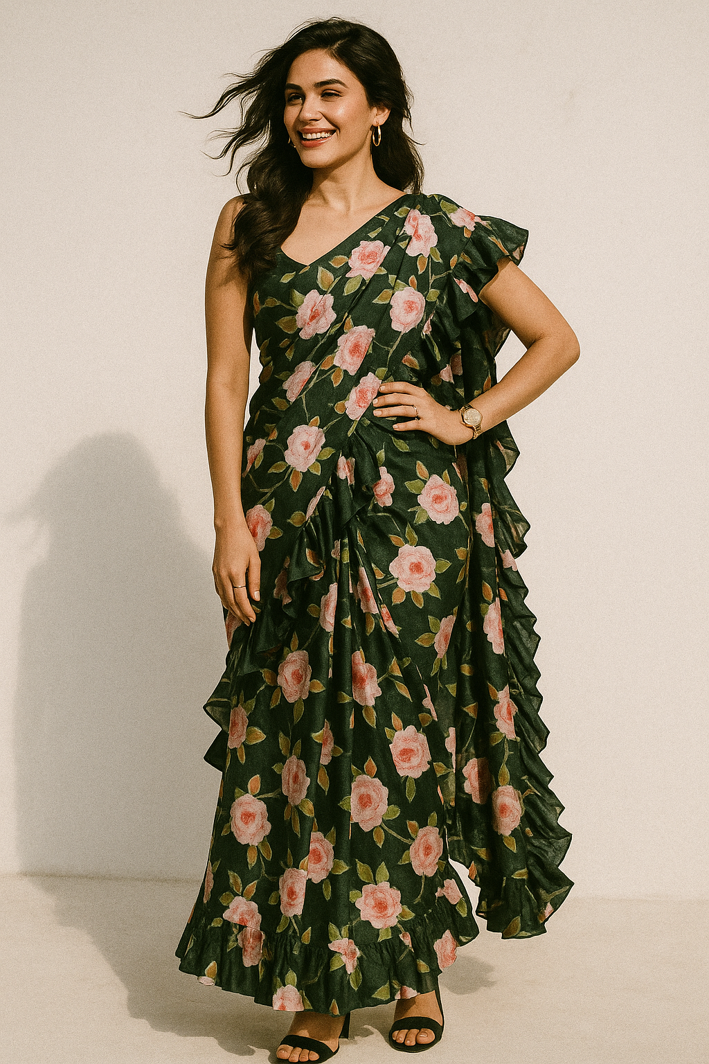 Ditsy Pink Rose With Green Leaves Digital Printed Fabric - Crepe