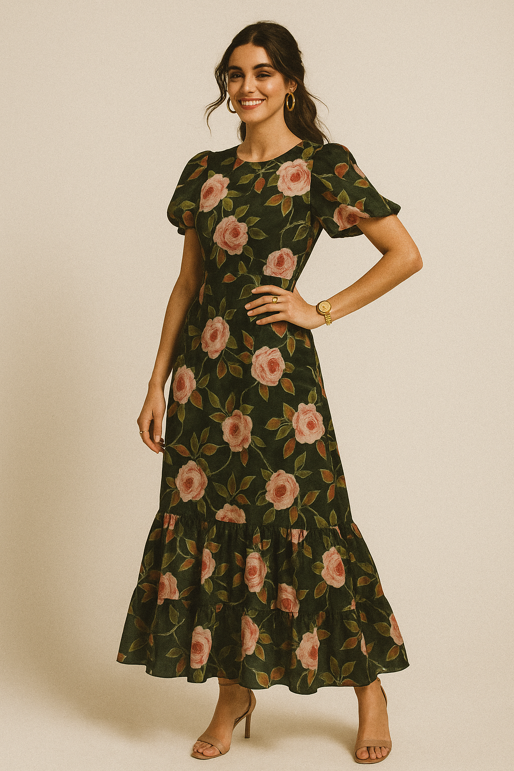 Ditsy Pink Rose With Green Leaves Digital Printed Fabric - Crepe