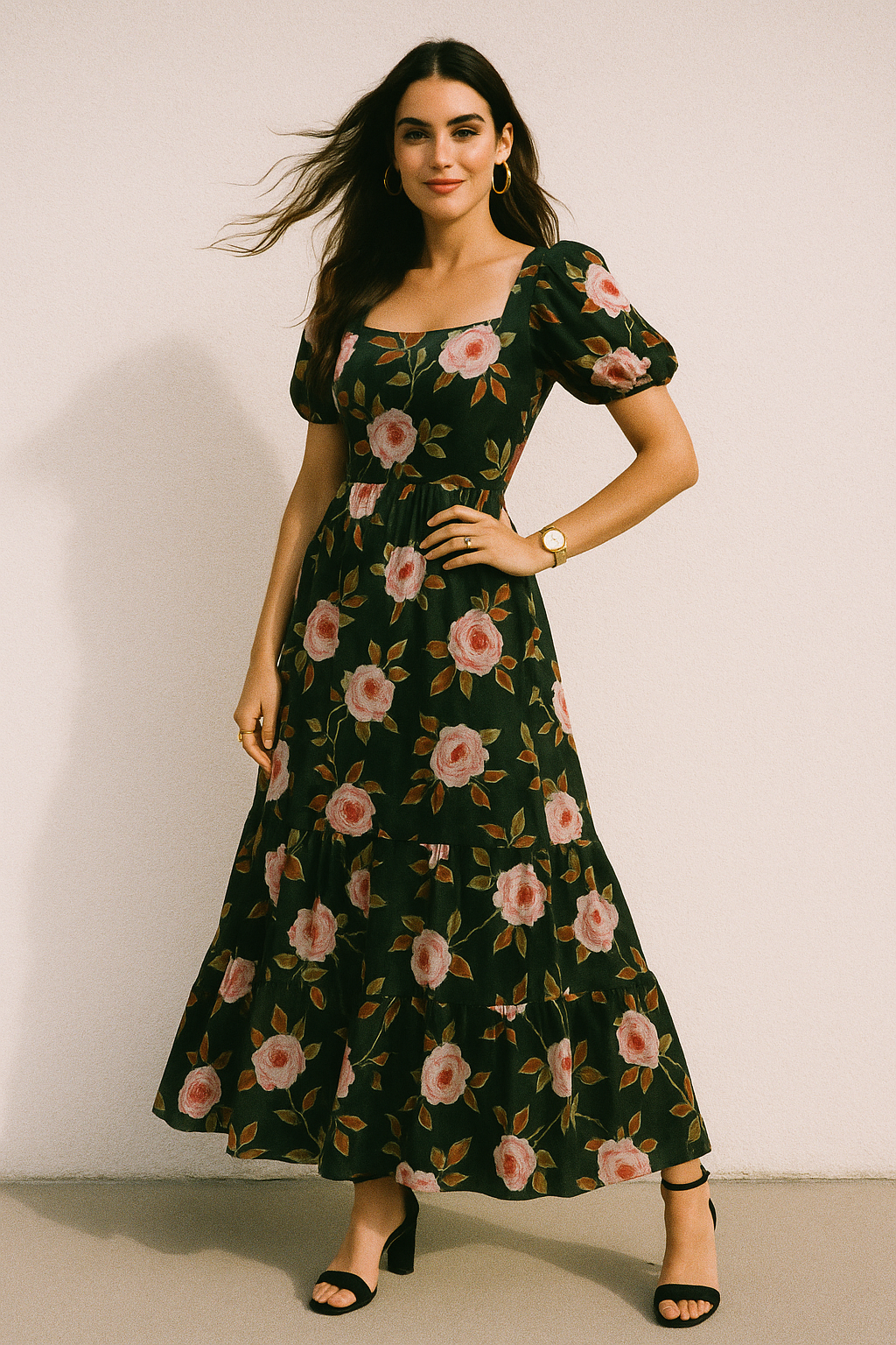 Ditsy Pink Rose With Green Leaves Digital Printed Fabric - Crepe